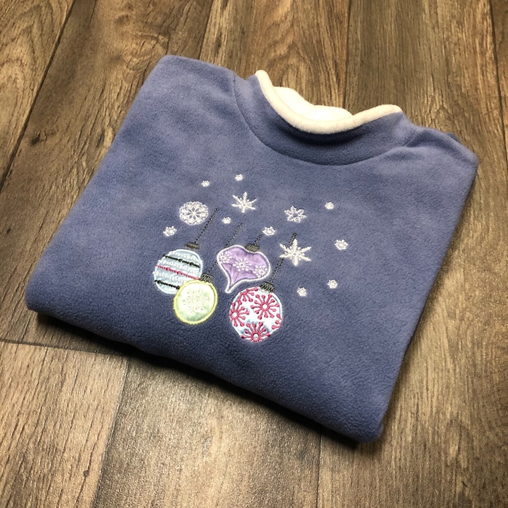 Cozy Blue Christmas Ornament Fleece Sweatshirt Mock Neck Holiday Top Medium - Picture 2 of 4